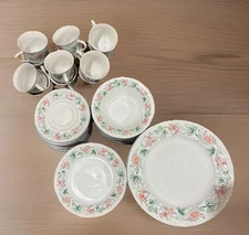 Stoneware Dishes Service for 12 60 Piece Set Filigree Pattern Floral & Vines