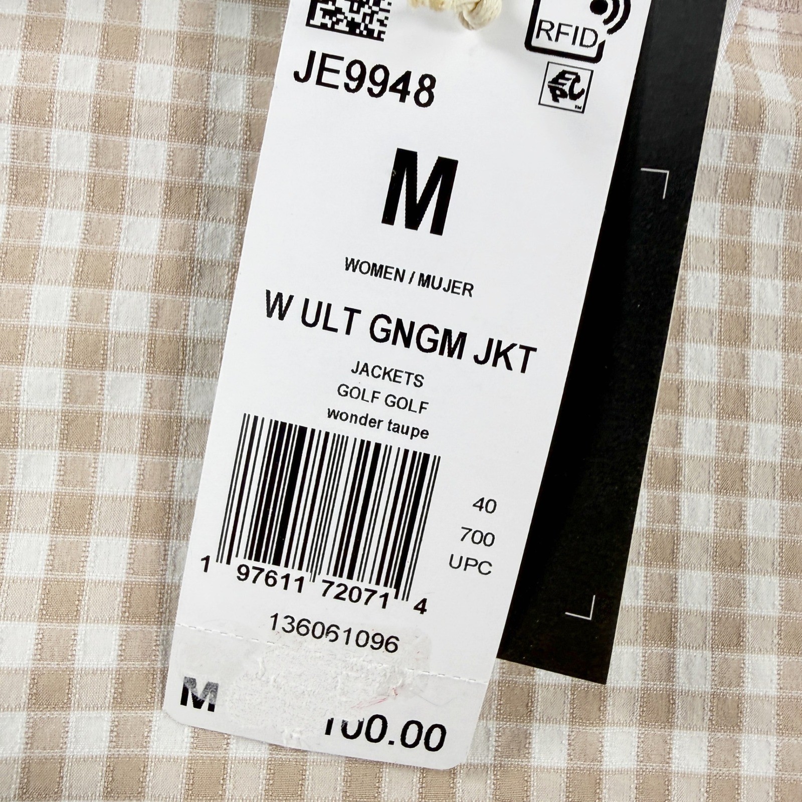 Adidas Womens Ultimate365 Gingham Golf Jacket Utility Size M Taupe JE9948, NEW thumbnail 3