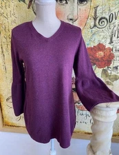 H by Halston V-neck Bell Sleeve Sweater Tunic Heather Purple XS New