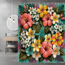 Tropical Floral Shower Curtain, Hibiscus and Plumeria Print, Teal