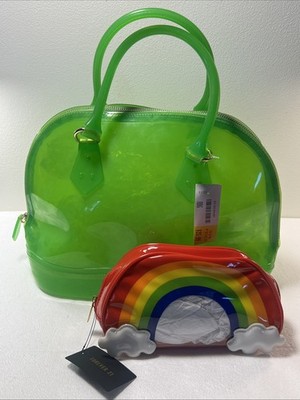 NWT Translucent Green Jelly Bowler Purse & Forever 21 Rainbow Cosmetic Bag Set