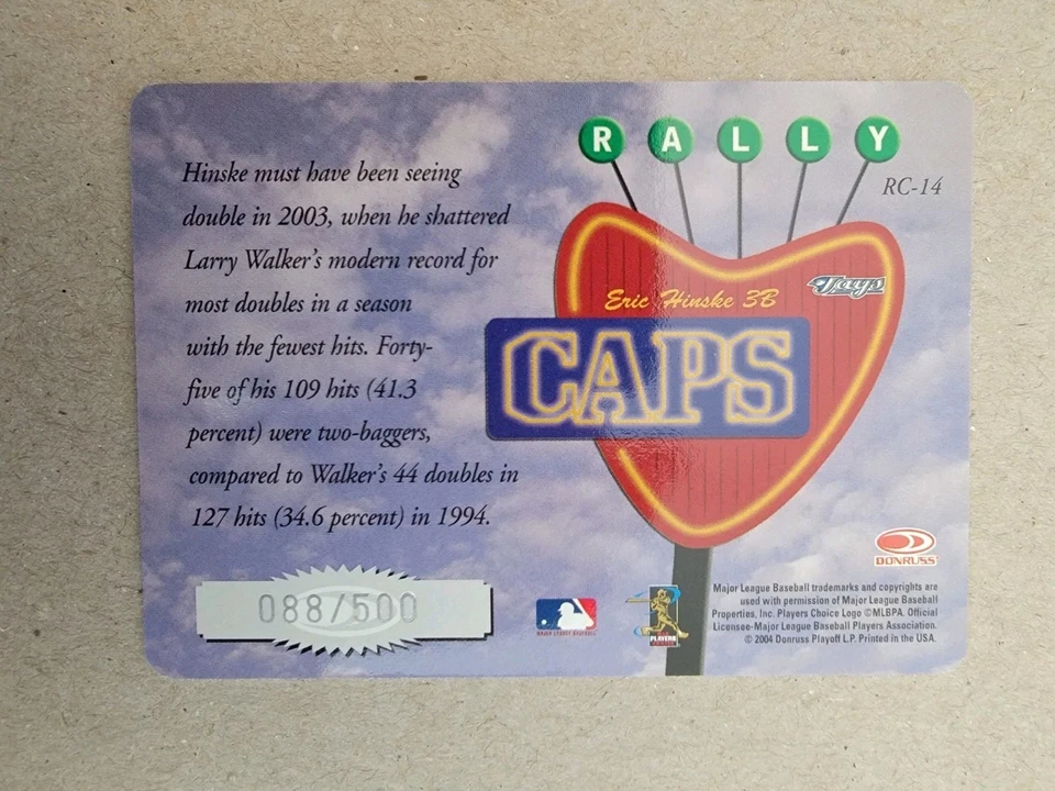 2004 Donruss Studio - Rally Caps Eric Hinske #RC-14 Die-Cut /500 - Image 3 of 3
