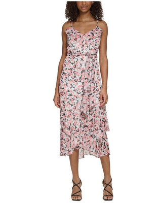 NEW! Karl Lagerfeld Paris Floral Ruffle Chiffon Midi Dress Coral Quartz 14 $148