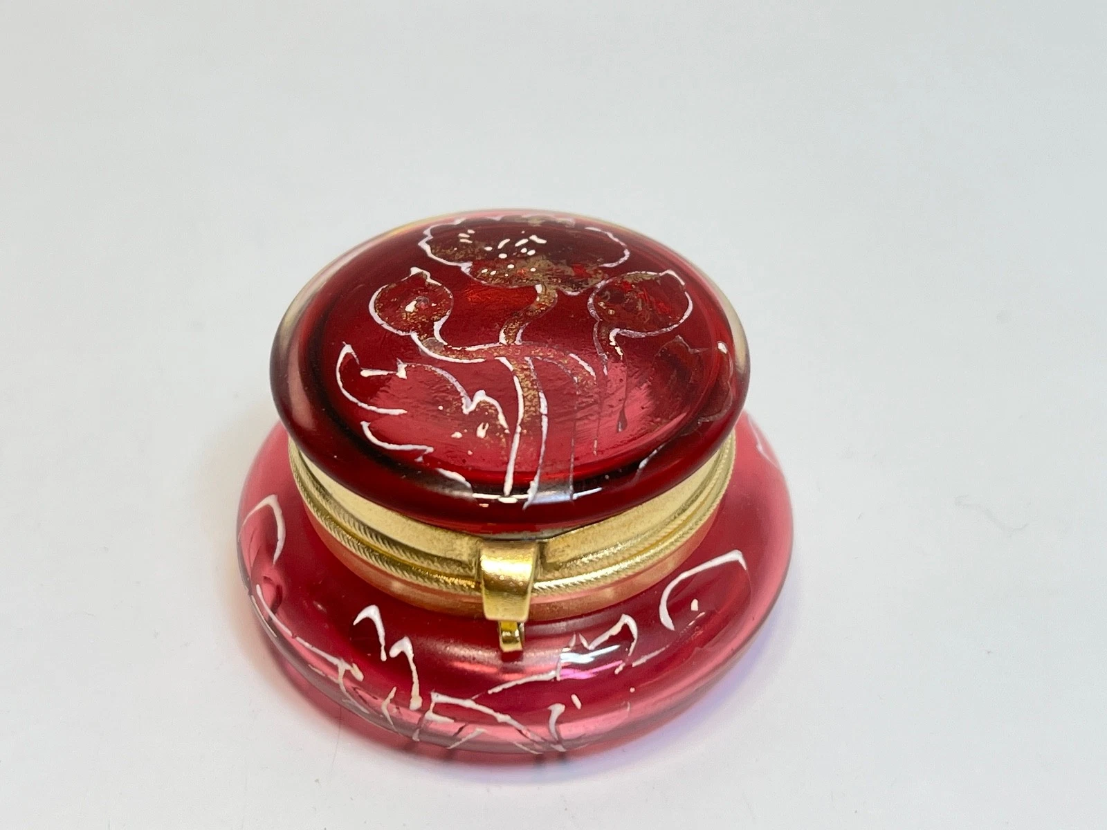 Antique Victorian Cranberry Glass Vanity Dresser Jar Lidded Box Enameled Floral