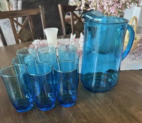 Vintage Anchor Hocking Finlandia Blue Aqua Teal Pitcher / 9 Tumbler Glasses
