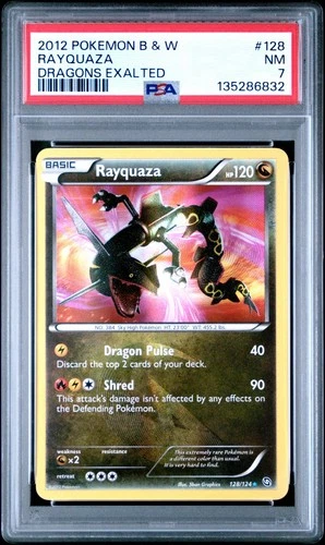 2012 POKEMON B&W DRAGONS EXALTED RAYQUAZA #128/124 SECRET RARE HOLO PSA 7