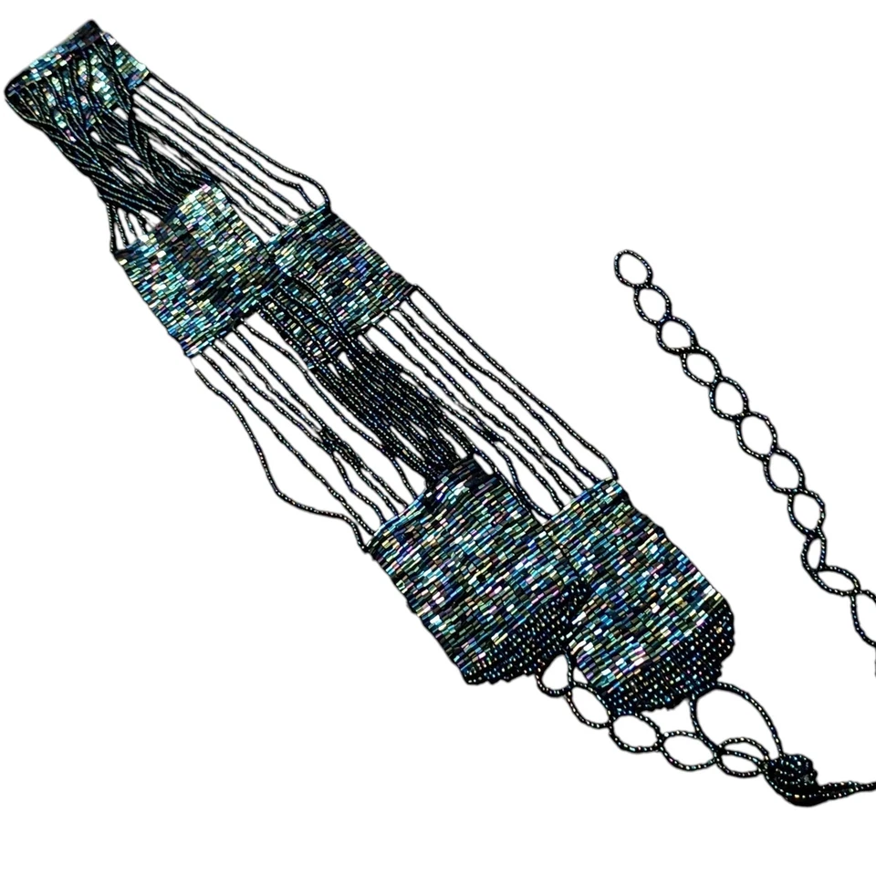 Antiguo cinturón/cadema vintage de 1920 elegante azul verde gris con cuentas aleta Foto 4 de 4