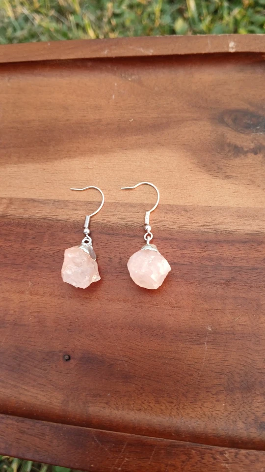 Pendientes de cuarzo rosa colgantes cristal natural piedra preciosa rosa Foto 4 de 4