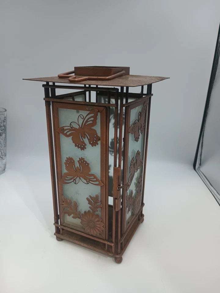 Candelabro de filigrana mariposas linterna de cobre vidrio esmerilado Foto 2 de 4