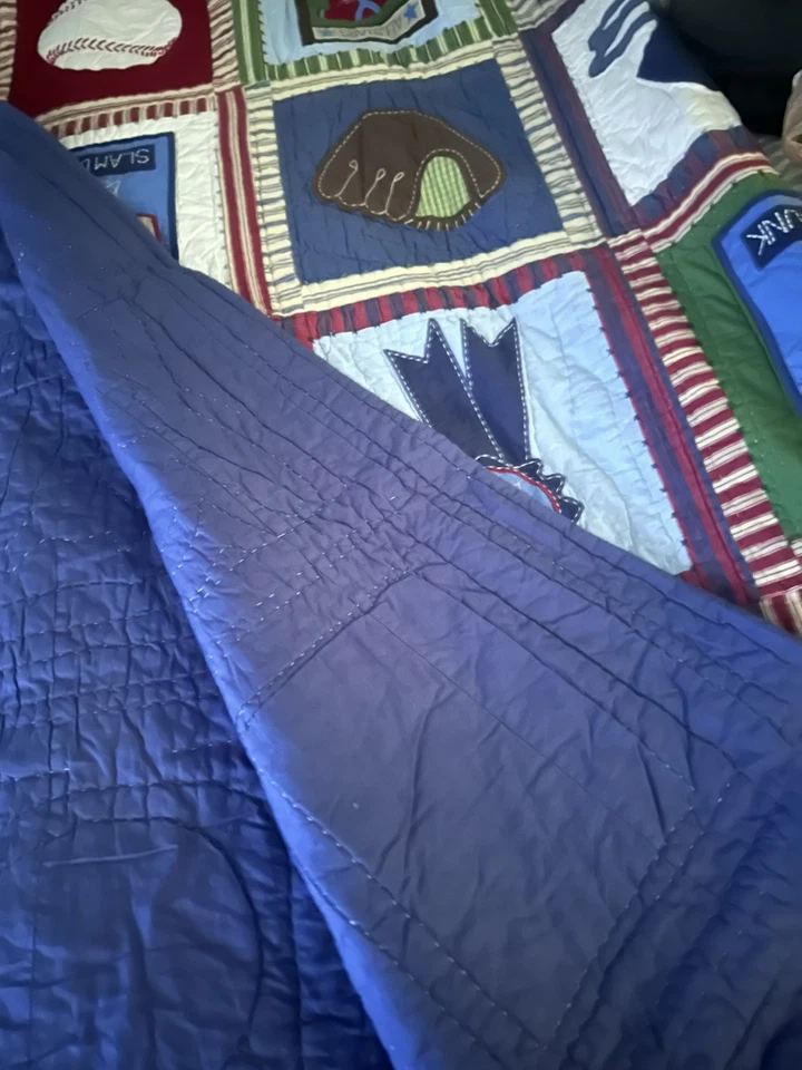 Pottery Barn Kids Sports Appliqué Embroidered Quilt Reversible Patchwork 66”x86” - Image 2 of 4