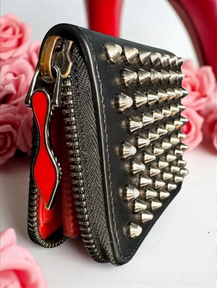 Christian Louboutin Panettone Black Leather Zip Wallet w/ Spikes Box Dust Bag - Image 2 of 4