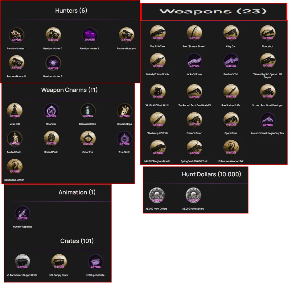 🌏HUNT SHAWDOWN🌟TW DROPS🌟7 HUNTERS(Random) + 28 SKINS + 14 CHARMS + 101 CRATES - Image 2 of 2