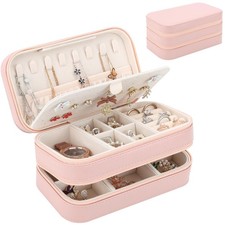 Small Travel Jewelry Box with Double Zipper, 2 Layers PU Portable Jewelry Cas...