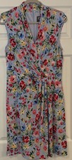 Vince Camuto Dress Sz 12 Blue Floral Full Zip Vibrant Ruched Office Wedding Gues