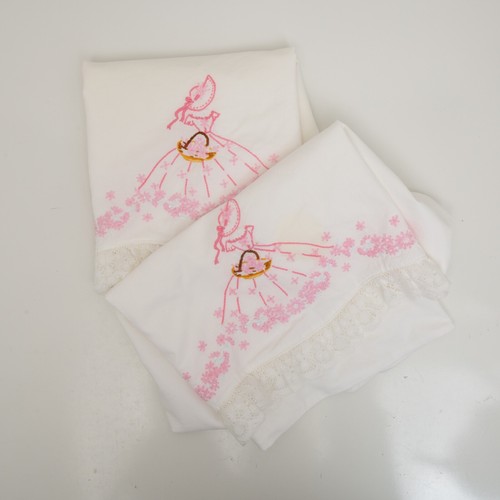 Vtg Hand Embroidered Pillowcases Girl in Dress Flowers Cotton Set of 2