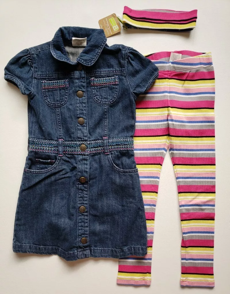 Girls Crazy 8 Blue Denim Dress Pink Striped Leggings Headbands Outfit Lot 6