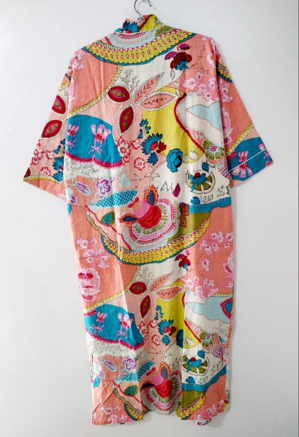 Roupão de algodão indiano longo quimono roupa de dormir multi floral estampado noite quimono roupão - Imagem 4 de 4
