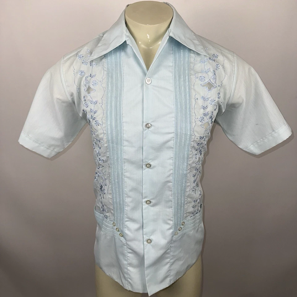 Vtg 60s 70s Guayabera Shirt Mens Loop Collar Embroidery Rat Pack Wedding Medium - Image 2 of 4