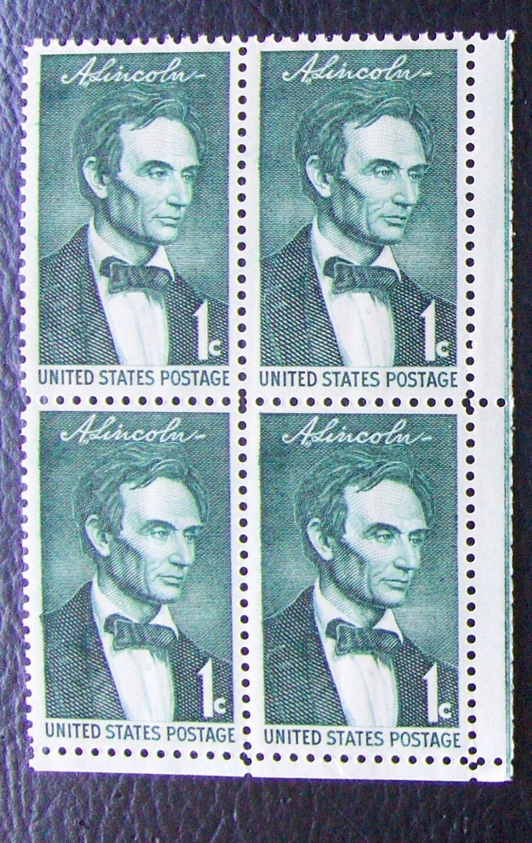 Block of 4 US 1c stamp SC #1113, Beardless Abraham Lincoln MNH