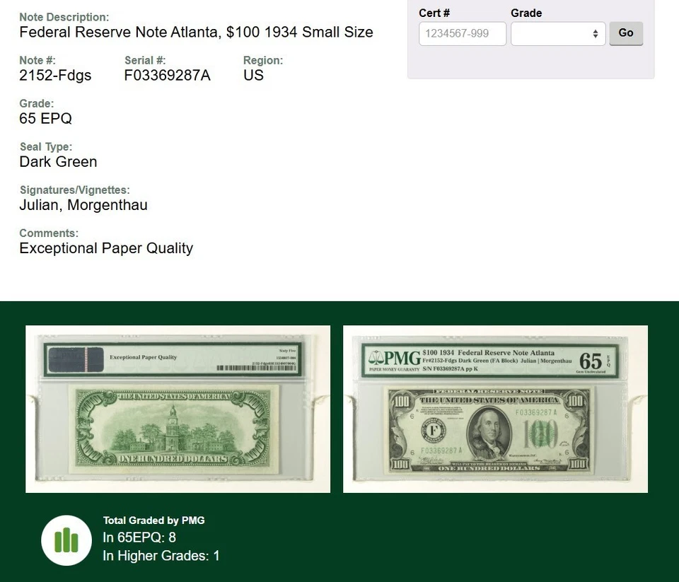 $100 1934 Atlanta FRN. Fr. 2152-Fdgs. TOUGH GEM NOTE. PMG 65 EPQ - Image 3 of 3