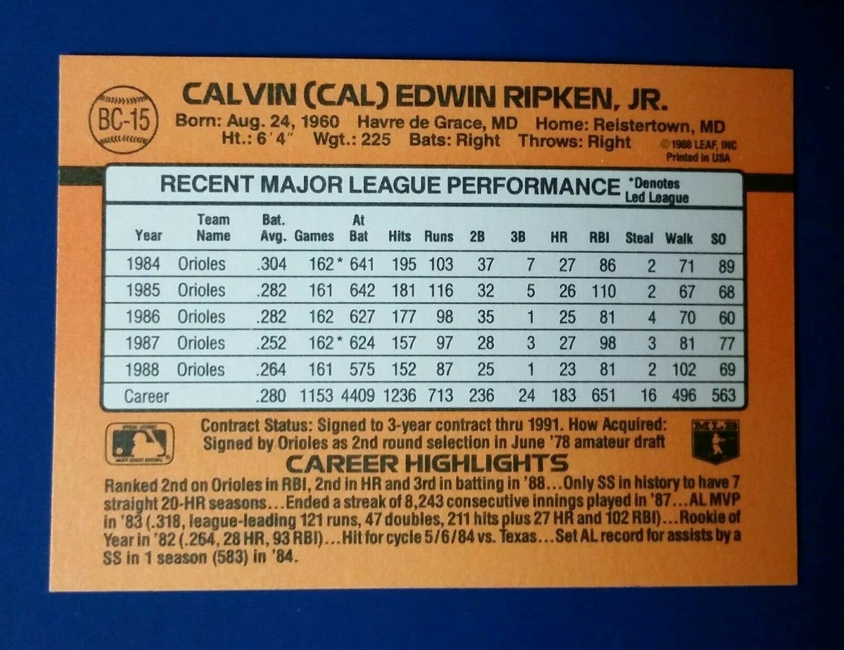 1989 Donruss # BC-15 Cal Ripken Jr. MVP ( Error Card ) | eBay