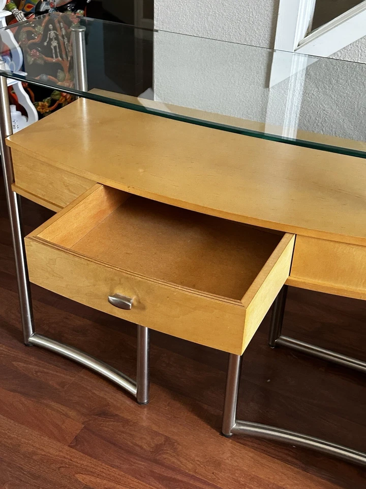 80’s Retro Glass Top Console/Entryway Table Light Oak Brushed Nickel Metal Legs - Image 3 of 4