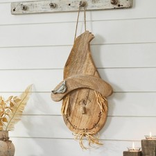 New Primitive Farmhouse Fall CARVED WOOD SCARECROW HANGING Figure 18"
