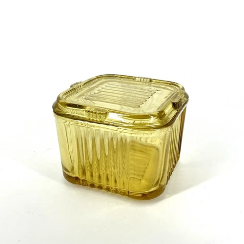 Vintage Federal Glass Refrigerator Dish with Lid Amber Golden Yellow 4" Square