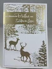 Hallmark Christmas Greeting Card Unused Brother & Sister-in-law Deer Trees Gold
