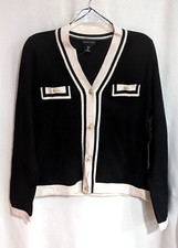 Adrienne Vittadini Women's Black/Ivory Buttons Accents Knit Cardigan - Size L