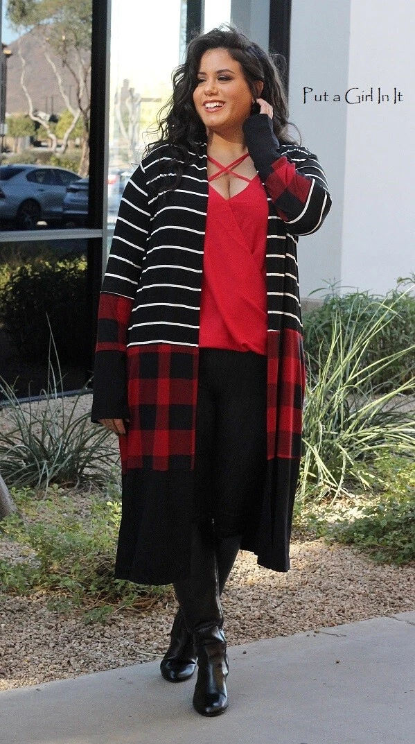 New USA Womens PLUS SIZE BLACK RED PLAID STRIPED CARDIGAN DUSTER POCKETS 1X 2X