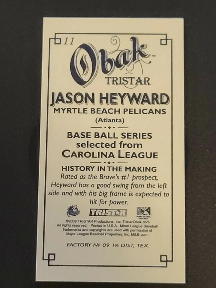 2009 TRISTAR Obak Mini T212 #11 Jason Heyward Braves 小熊道奇队教士队 — 第 2/2 张图片