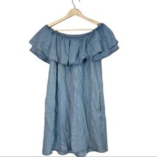 Zara Women's Ruffle Off Shoulder Lyocell Chambray Dress with Pockets Size XS