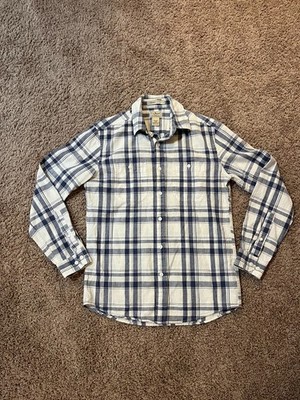 L.L. Bean Men's Small Linen Blend Shirt Blue White Plaid Slightly Fitted Cotton