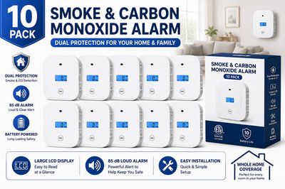 Aegislink SC200 10 Pack Smoke & Carbon Monoxide Alarm LCD Display Battery Powere