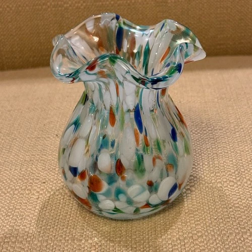 Hand-Blown Murano Style Art Glass Vase Multi-Color Ruffle-Top Confetti Speckled