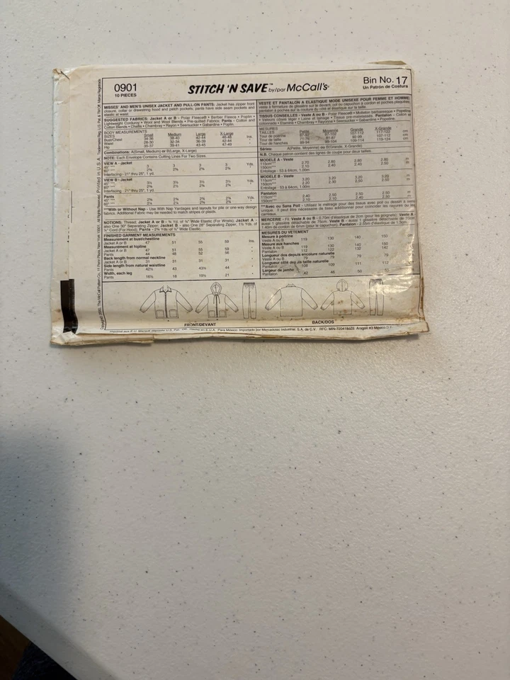 Easy Stitch 'n Save 0901 Size S,M Sewing Pattern Unisex Jacket and Pants - Image 2 of 2