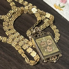 Victorian Gold Filled Book Chain Slide GF Photo Flower Locket Fob Necklace