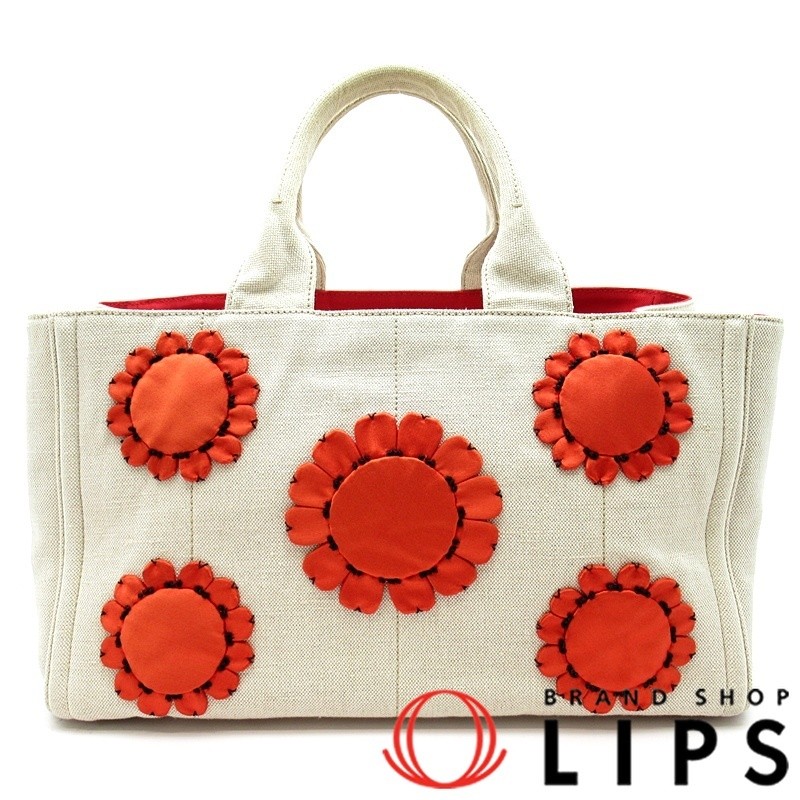 Prada Canapa Flower Tote MM B1872E Canvas Ladies Shoulder Bag Beige (NATURALE RO