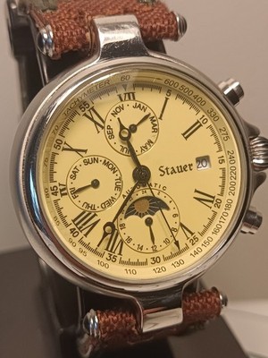 Stauer Automatic Day & Night Silver Men's Watch Brown Band Roman Dial All Steel 