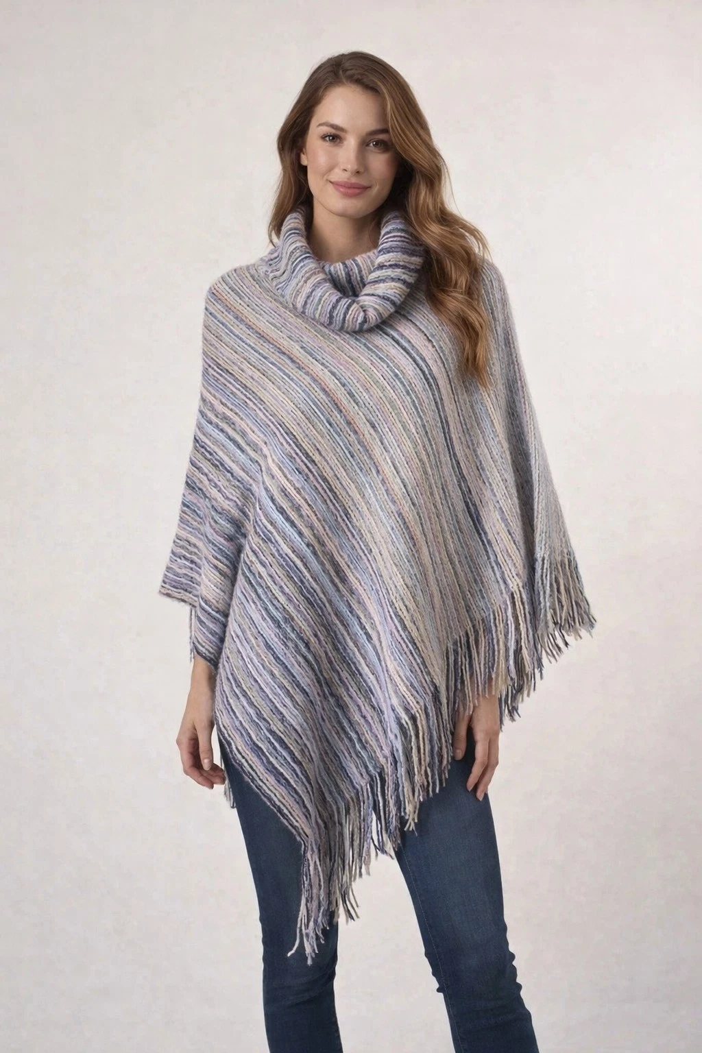 Coco Carmen Poncho Knit Fringe Boho Striped Asymmetrical One Size