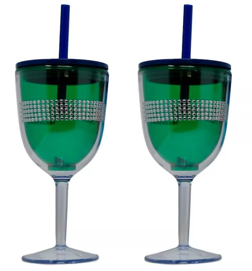 Green Rhinestone Double Wall Acrylic Wine Glass With Lid and Straw