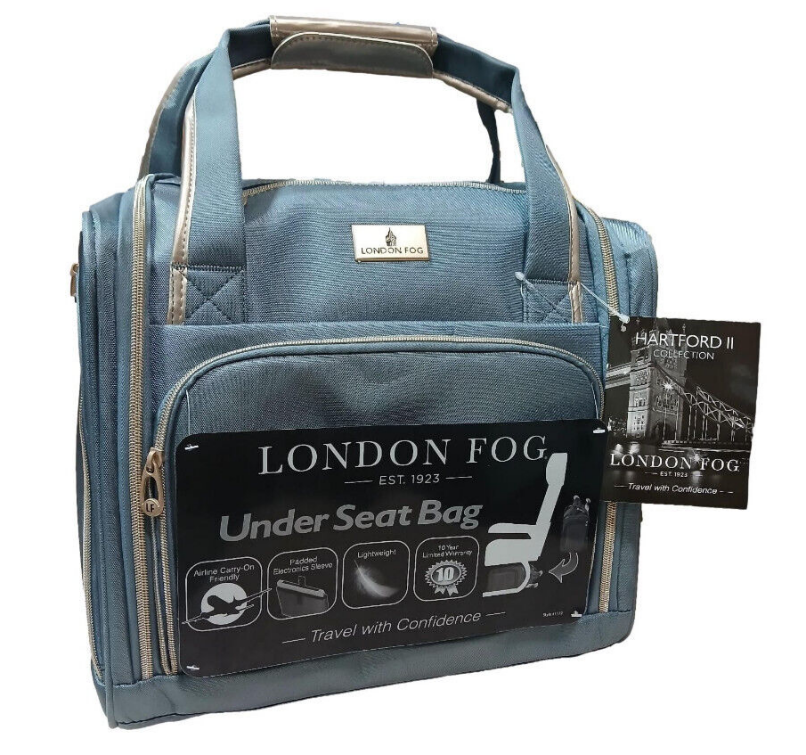 London Fog UNDER SEAT CARRY ON 15IN HARTFORD II Blue/Silver/Irides Adj Handl NEW