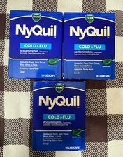 3 Vicks NyQuil Cold and Flu Nighttime Relief Pack of 16 LiquiCaps Exp. 10/26