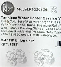 Rheem RTG20326 Tankless Water Heater Service Valve Kit Brass 3/4 FIP Union x FIP
