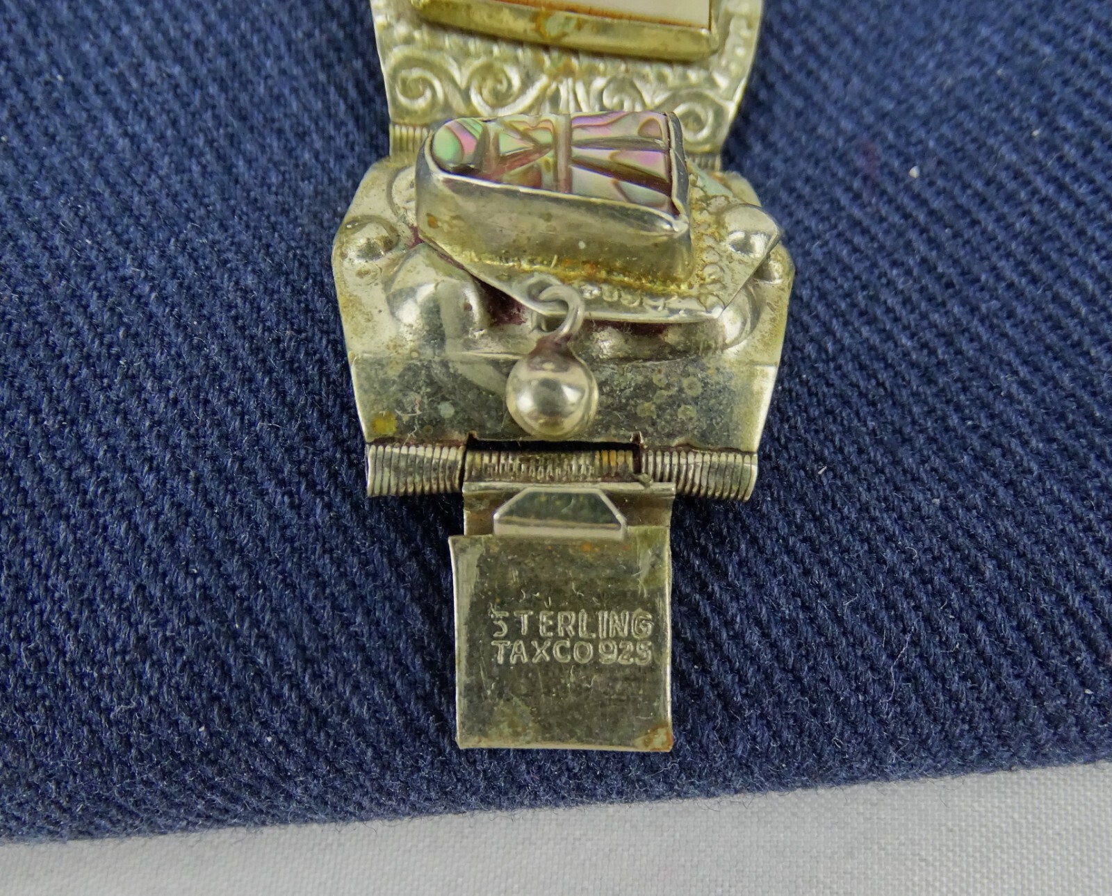 Abalone Shell Panel Bracelet clasp marked Taxco 9… - image 7