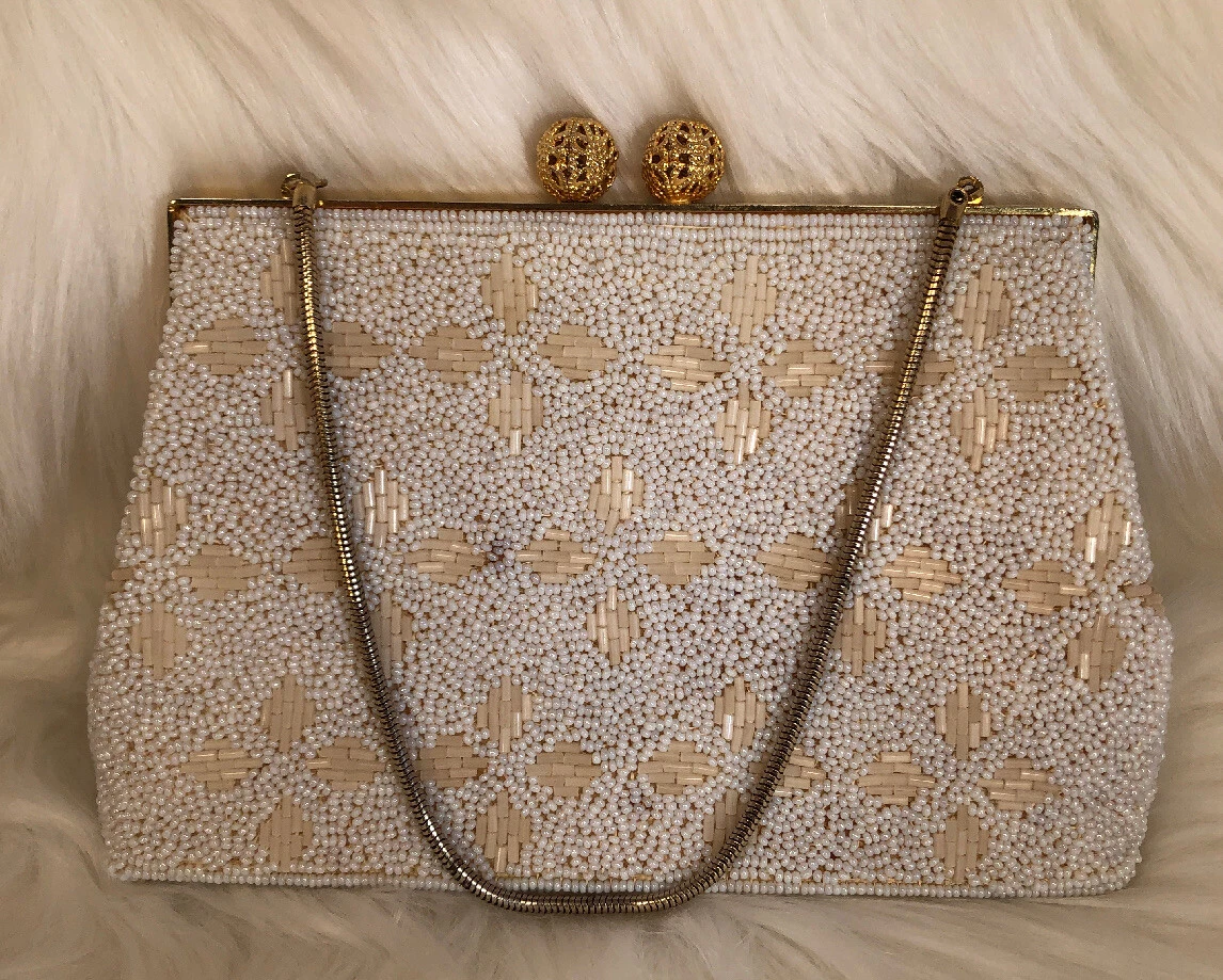 Vintage White Beaded Evening Bag Handmade Mid-Century Hong Kong - 7.5 x 5