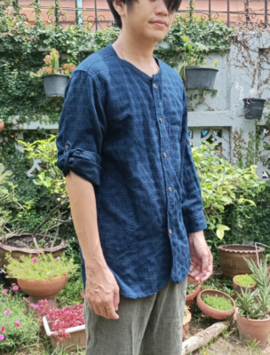 Gohemp Gowest Japan Indigo Blue Collarless Button Roll Sleeve 