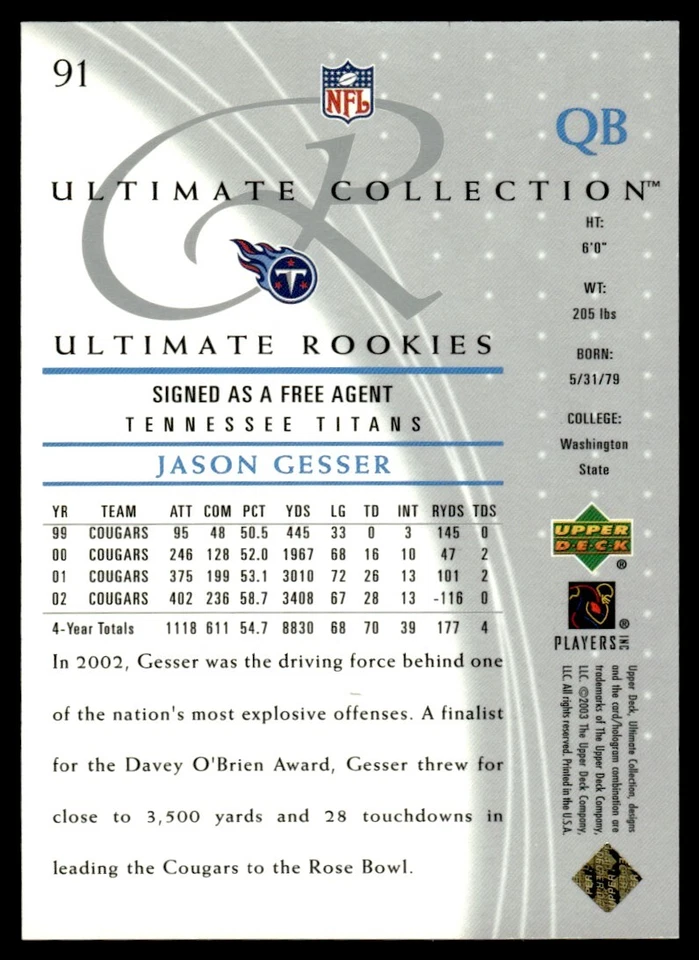 2003 Upper Deck Ultimate Collection Jason Gesser Rookie 308/750 Tennessee Titans - Image 2 of 2