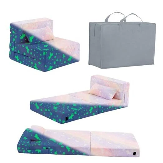 Folding Sofa Bed Floor Mattress for Kids with Pillow, Toddler Purple Horse